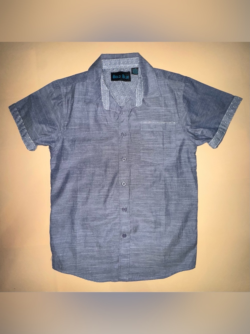 Bold Blue Short Sleeve Button Up Shirt Boys Medium Gray Chambray Casual